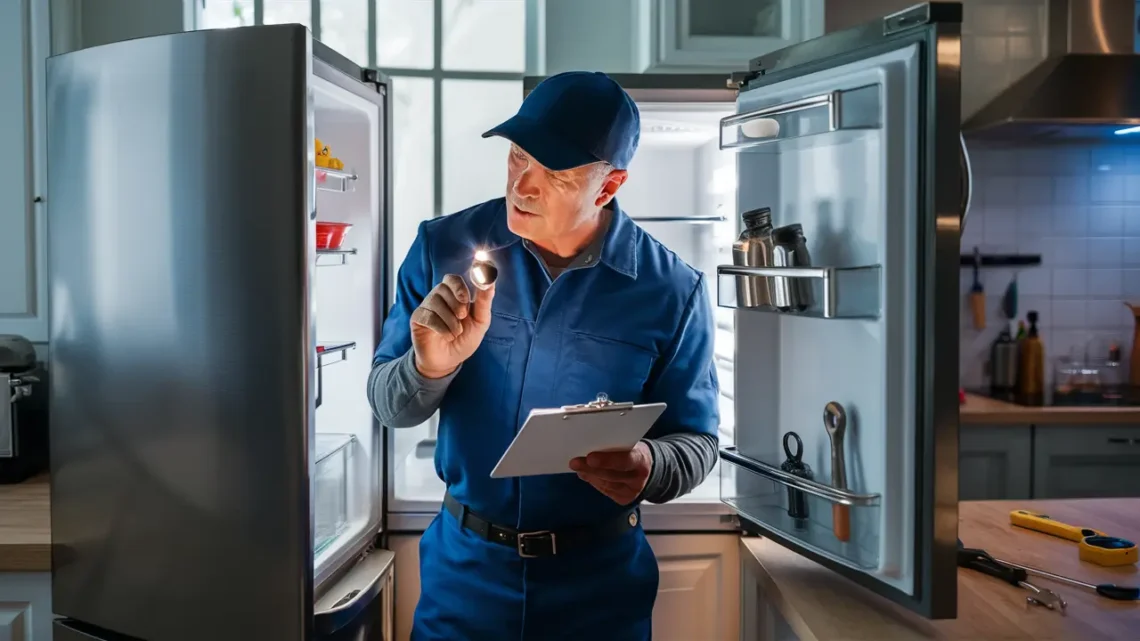 Técnico inspeciona geladeira de aço inoxidável aberta em cozinha, segurando lanterna e prancheta com ferramentas próximas.