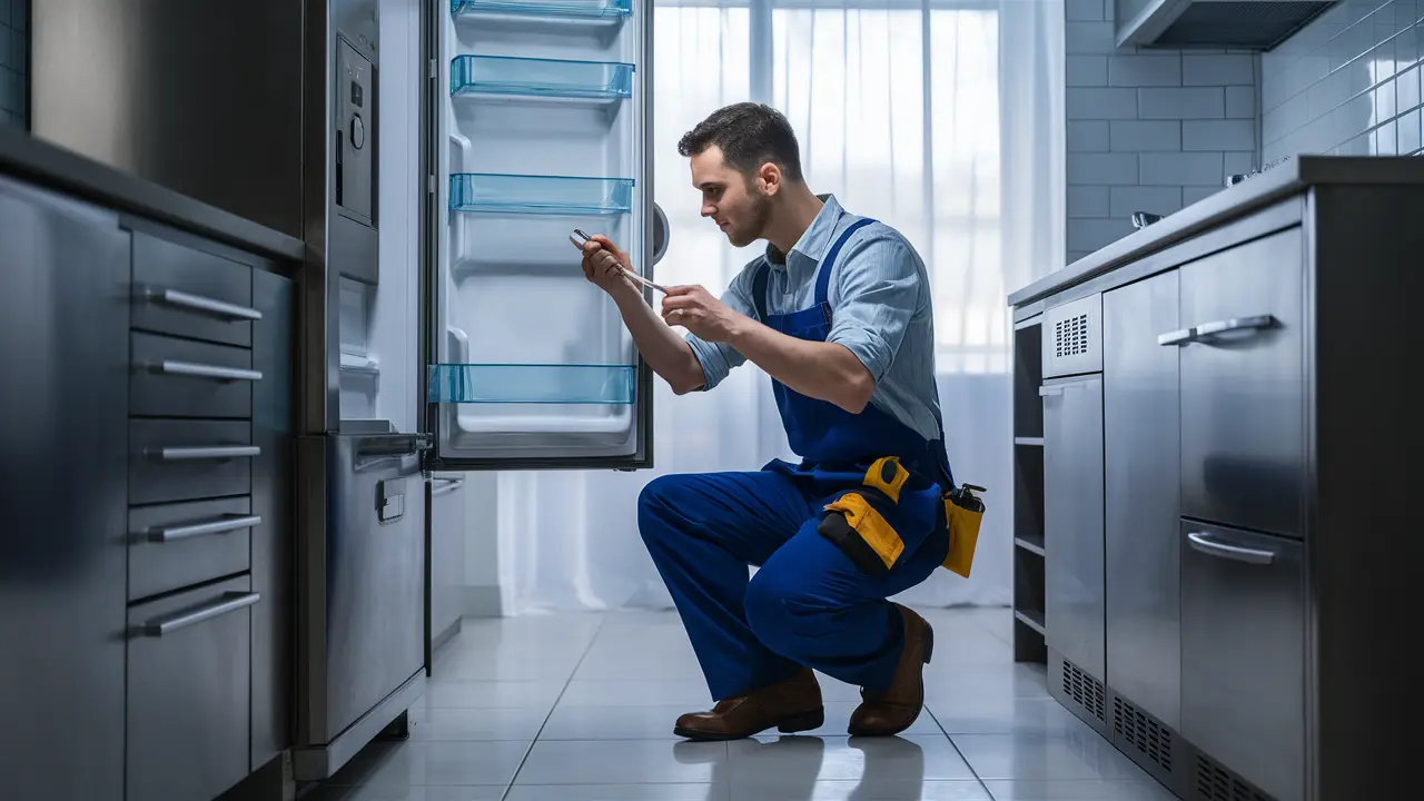 Técnico examinando uma geladeira aberta com termômetro digital em uma cozinha moderna de eletrodomésticos em aço inoxidável.