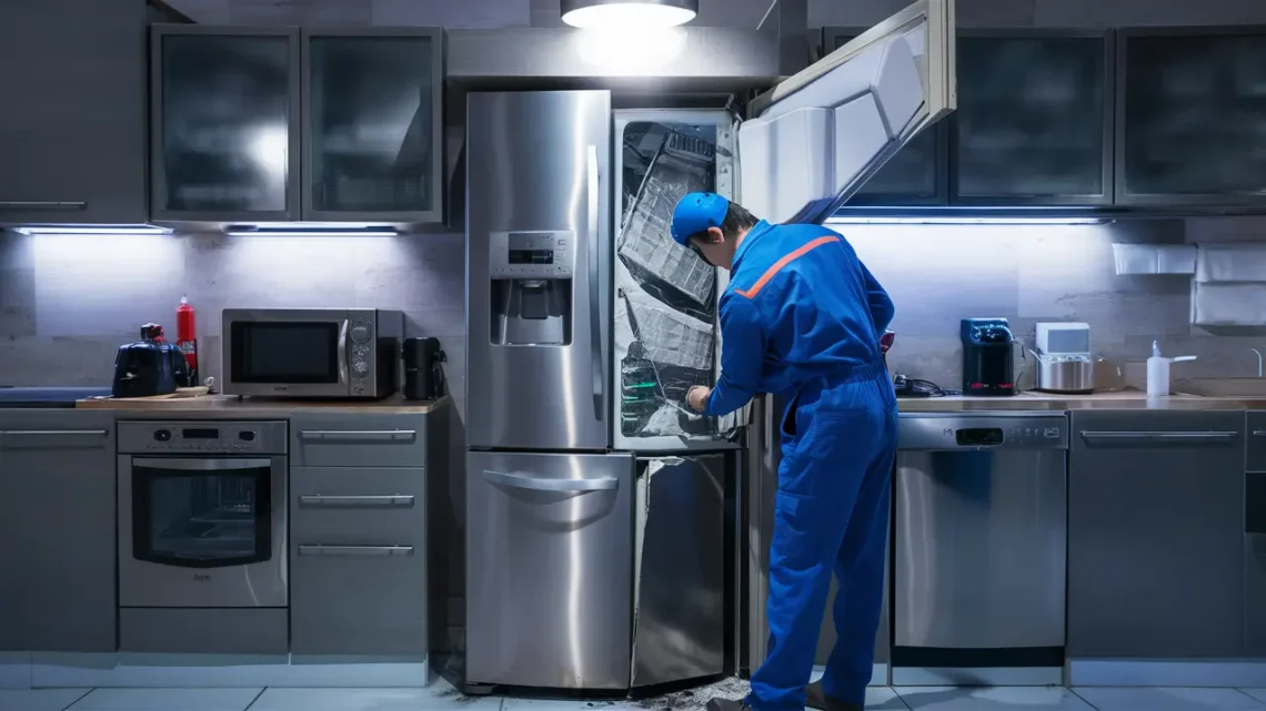 Técnico em uniforme azul inspecionando uma geladeira com porta aberta em uma cozinha moderna.