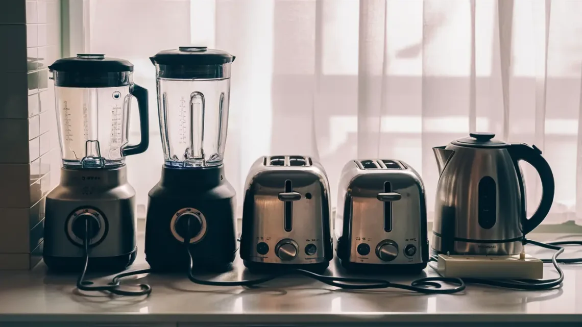 Eletrodomésticos pequenos como liquidificador, torradeira e chaleira elétrica em bancada de cozinha iluminados.