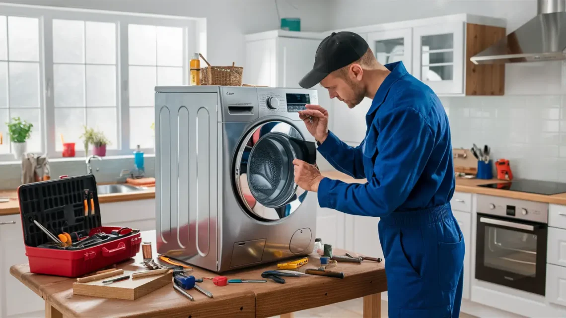 Técnico em uniforme azul inspeciona máquina de lavar prata em cozinha iluminada com ferramentas na bancada.