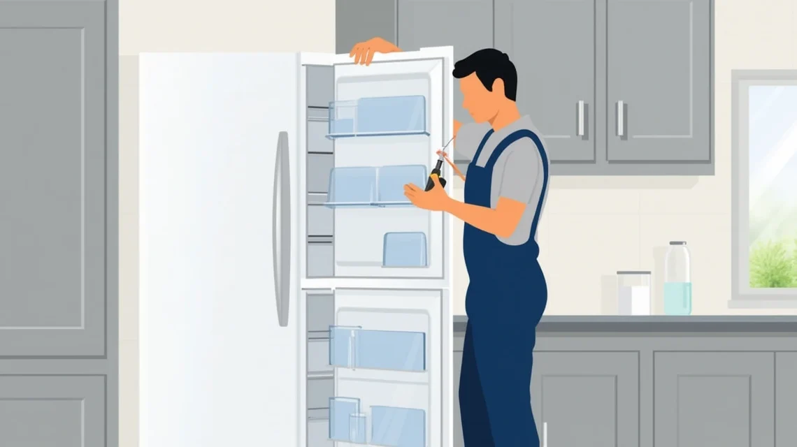 Técnico ajustando a porta de uma geladeira branca em cozinha moderna
