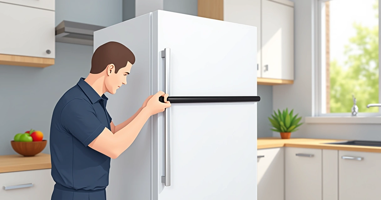 Técnico trocando a borracha da porta de uma geladeira branca em cozinha moderna