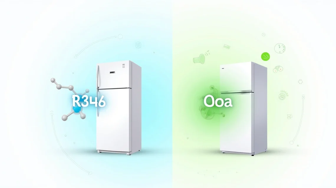 Comparação visual entre gás refrigerante R134a e R600a em geladeiras modernas com ilustrações técnicas e aparelhos brancos