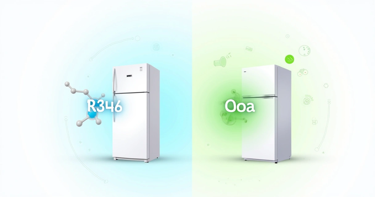 Comparação visual entre gás refrigerante R134a e R600a em geladeiras modernas com ilustrações técnicas e aparelhos brancos