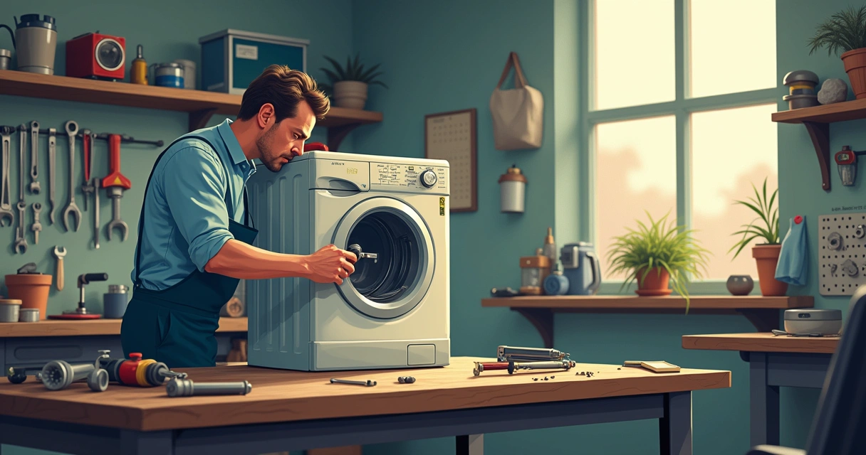 Técnico reparando máquina de lavar roupa antiga em ambiente de oficina com ferramentas e peças ao redor