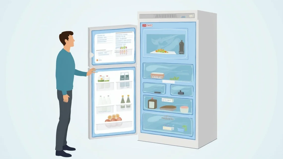 Refrigerador aberto mostrando sistema de degelo automático e componentes internos visíveis