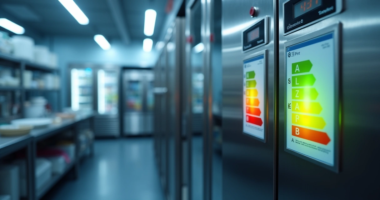 Painel com selos Procel classe A e B em equipamento de refrigeração comercial