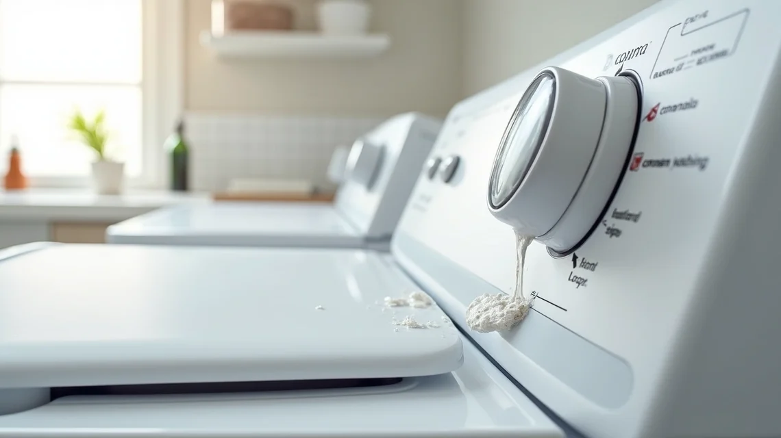 Dispenser de sabão com vazamento e botões desgastados em máquina de lavar