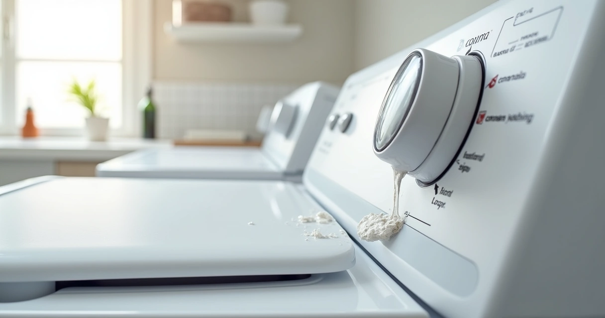 Dispenser de sabão com vazamento e botões desgastados em máquina de lavar