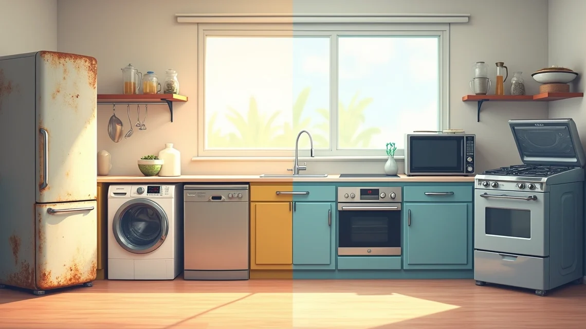 Comparação de eletrodomésticos antigos e novos lado a lado na cozinha