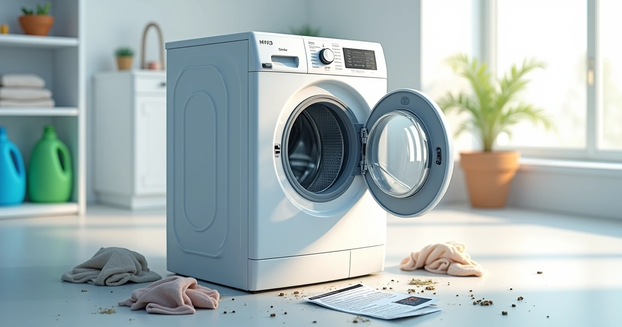 Máquina de lavar roupa aberta mostrando danos internos e alerta de erros comuns