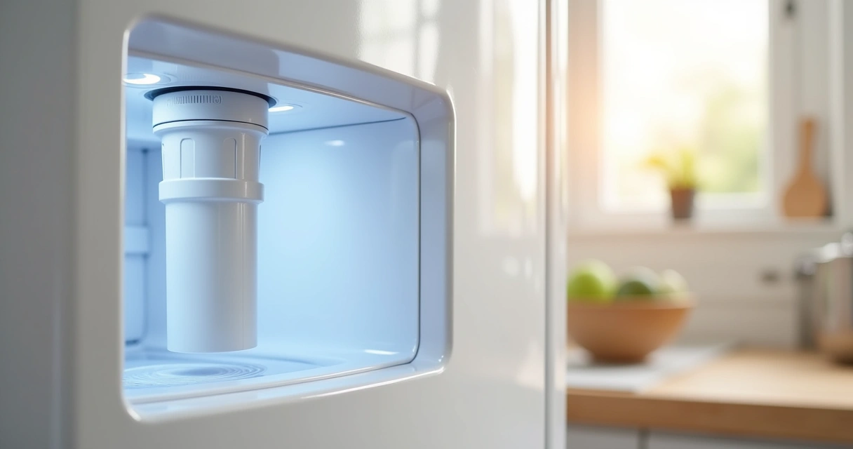 Filtro de água interno instalado em geladeira moderna branca com destaque no compartimento do filtro