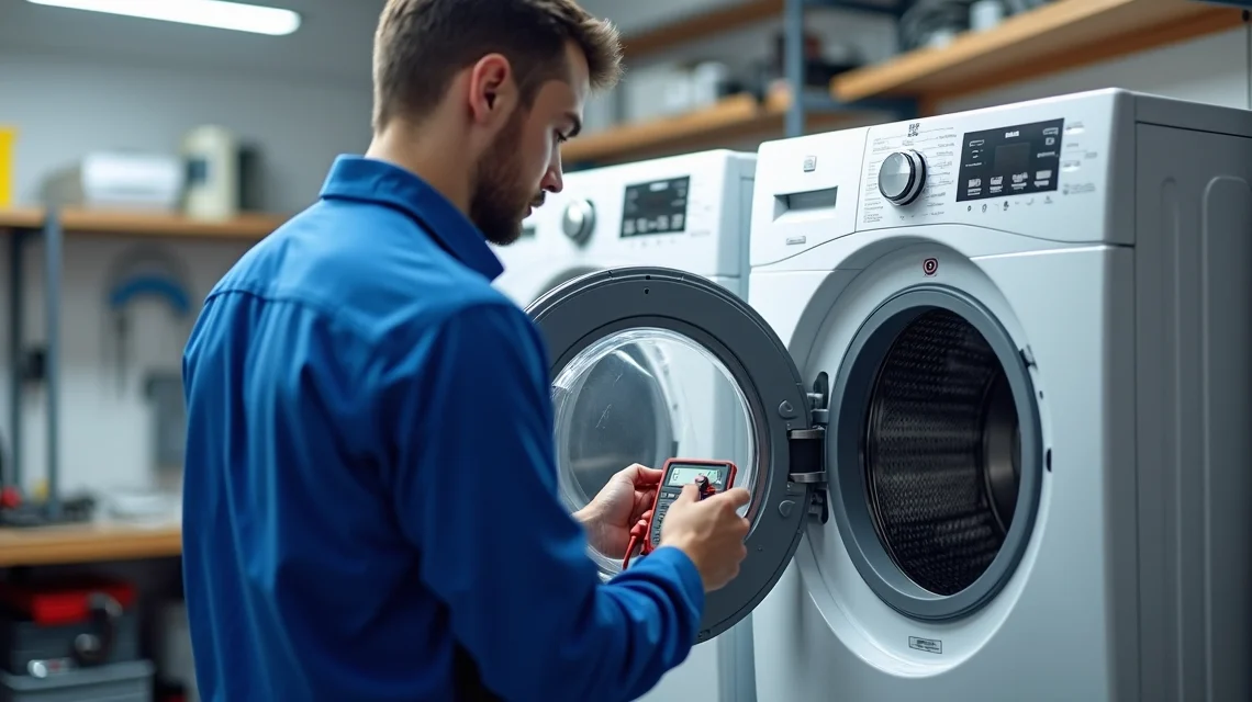Técnico de assistência técnica reparando lavadora inteligente branca com painel digital em oficina organizada