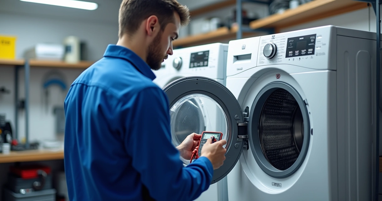 Técnico de assistência técnica reparando lavadora inteligente branca com painel digital em oficina organizada