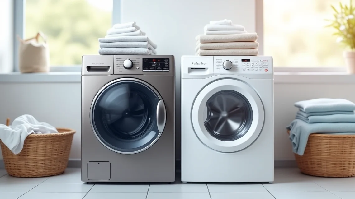Dois tipos de lavadoras lado a lado, uma inverter moderna e outra convencional tradicional, em ambiente de lavanderia claro