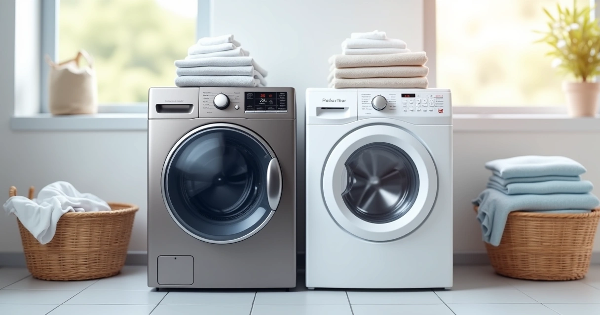Dois tipos de lavadoras lado a lado, uma inverter moderna e outra convencional tradicional, em ambiente de lavanderia claro