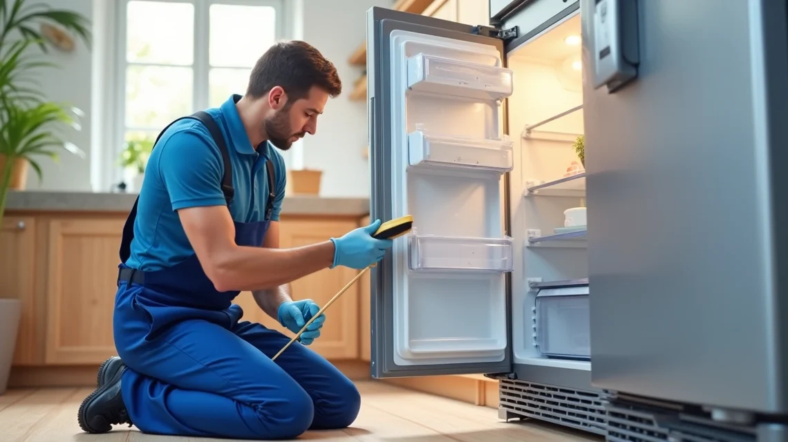 Técnico limpando o condensador de uma geladeira aberta em ambiente residencial