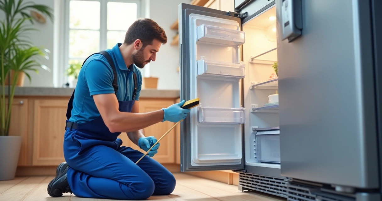 Técnico limpando o condensador de uma geladeira aberta em ambiente residencial