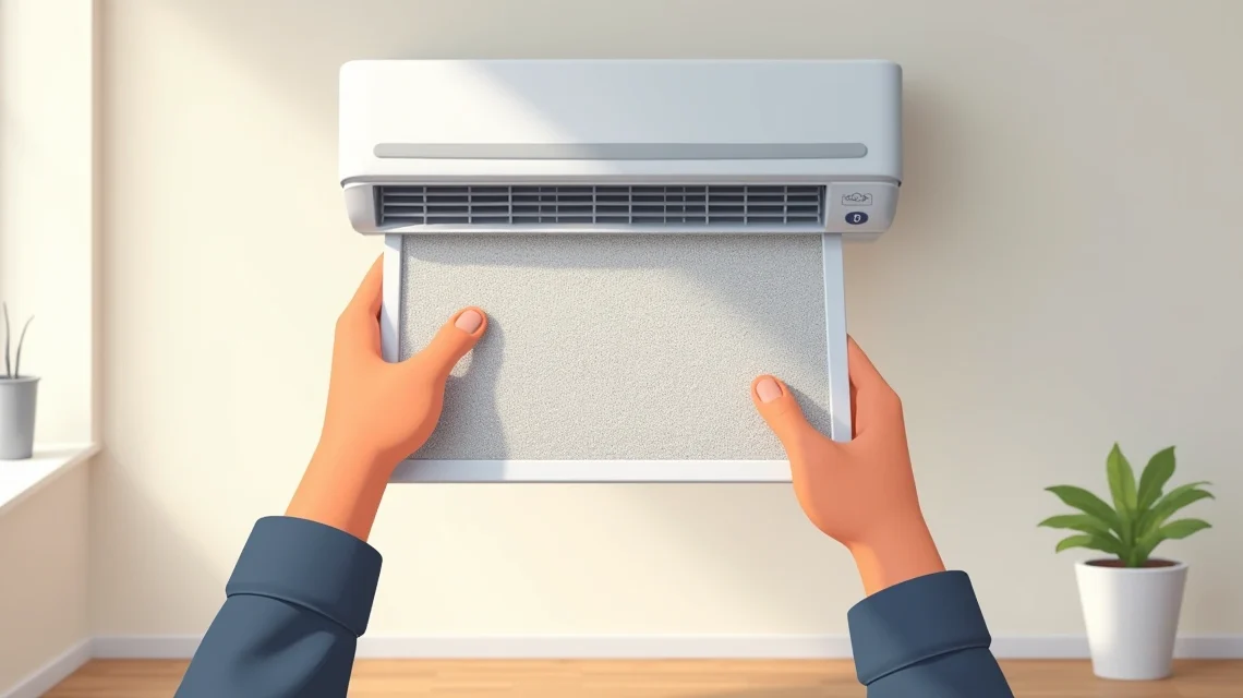 Filtro de ar condicionado split sendo retirado para limpeza em ambiente interno
