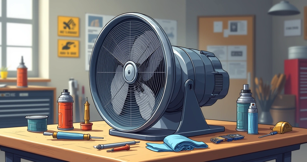 Ventilador mecânico desmontado para limpeza com peças e equipamentos sobre mesa de trabalho