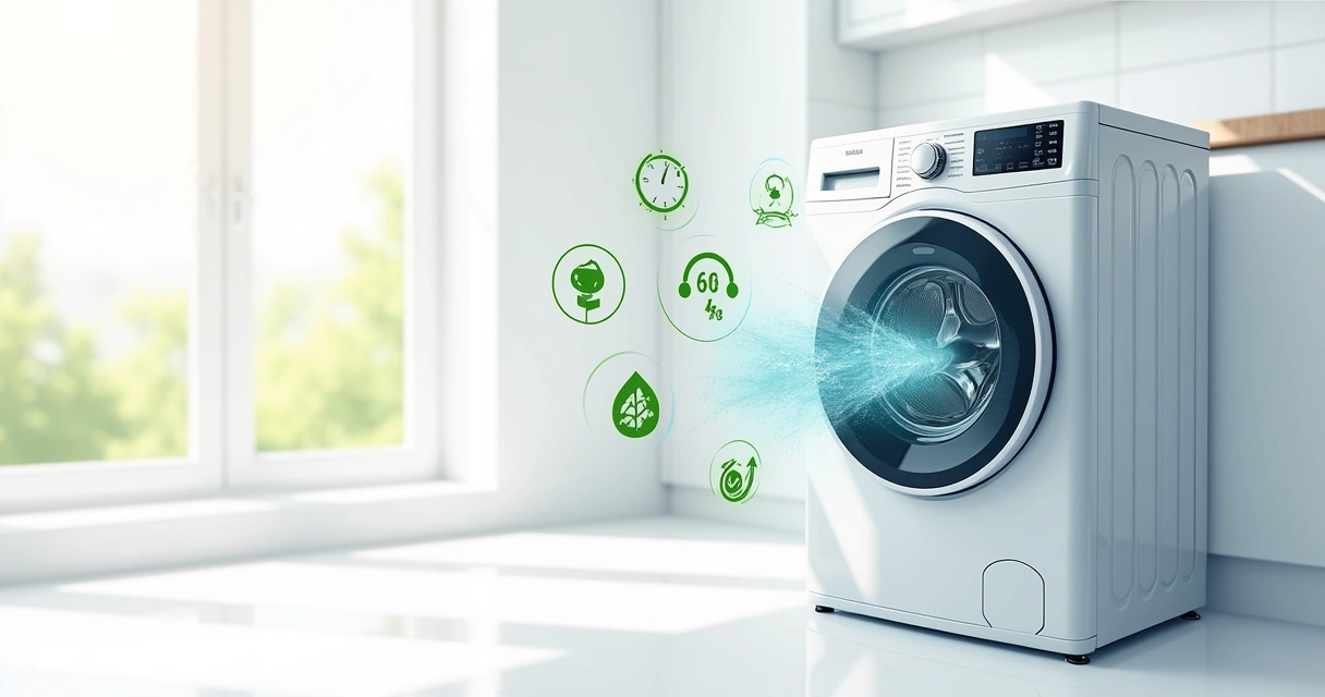 Máquina de lavar roupa com painel digital mostrando opções de ciclos de lavagem para economia de energia, em cozinha iluminada e moderna