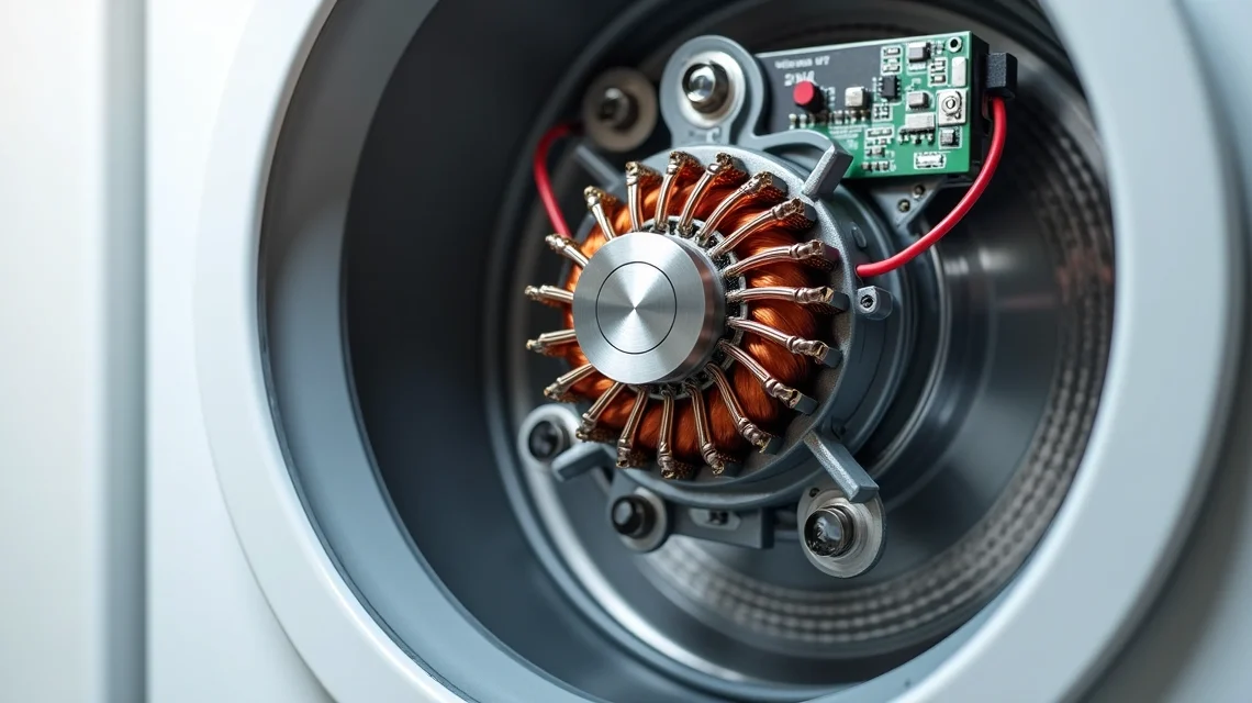 Motor inversor aberto de lavadora com componentes eletrônicos visíveis