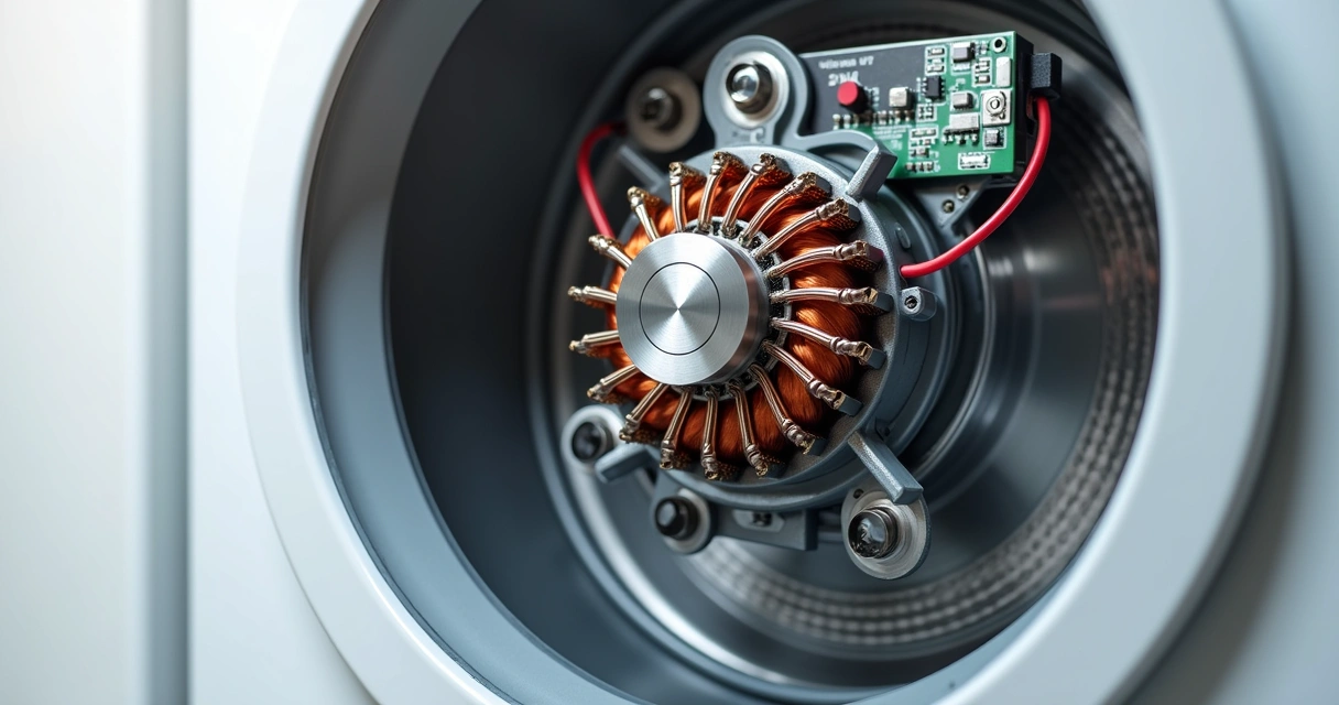 Motor inversor aberto de lavadora com componentes eletrônicos visíveis