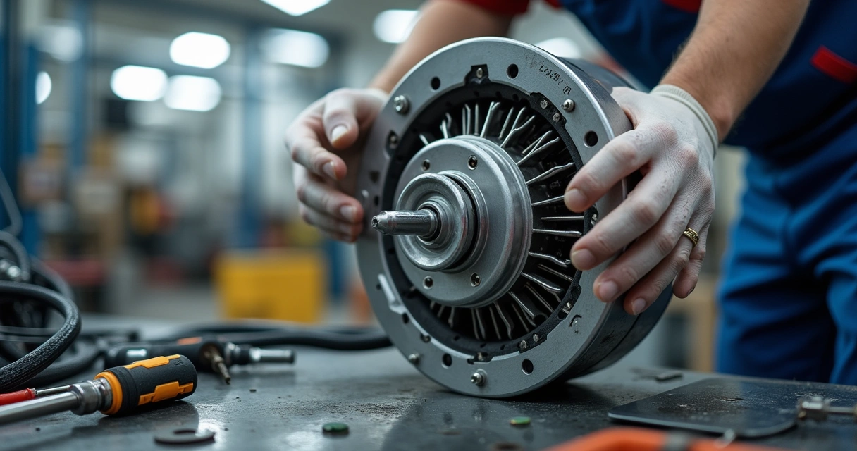 Motor de máquina de lavar roupa em processo de manutenção com ferramentas ao redor