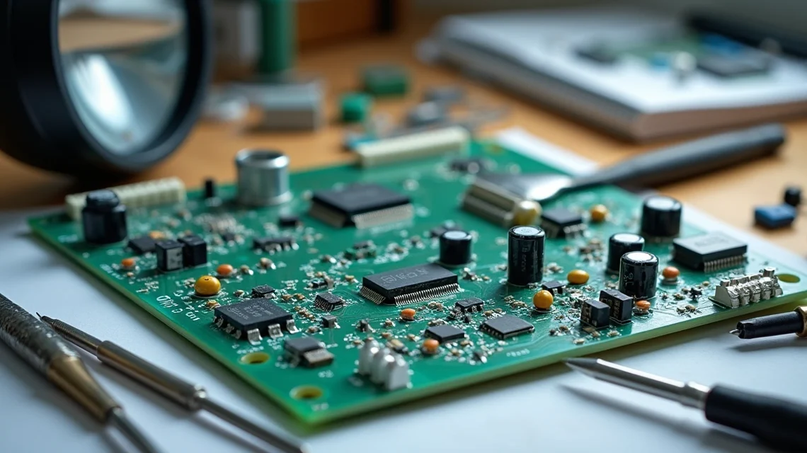 Placa eletrônica aberta sobre mesa com componentes eletrônicos expostos