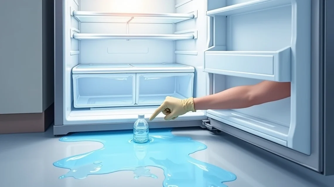 Refrigerador frost free aberto com foco em vazamento interno na parte inferior