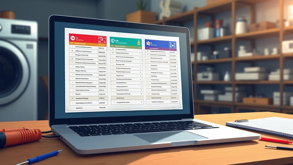 Tabela com códigos de erro de eletrodomésticos das marcas LG, Samsung e Electrolux exibida em um laptop sobre mesa