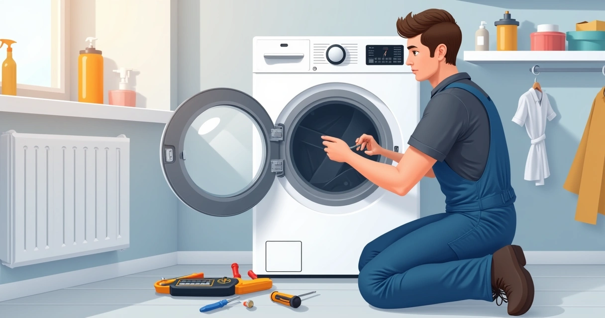 Técnico ajustando sensor de secadora com ferramentas específicas em área de serviço