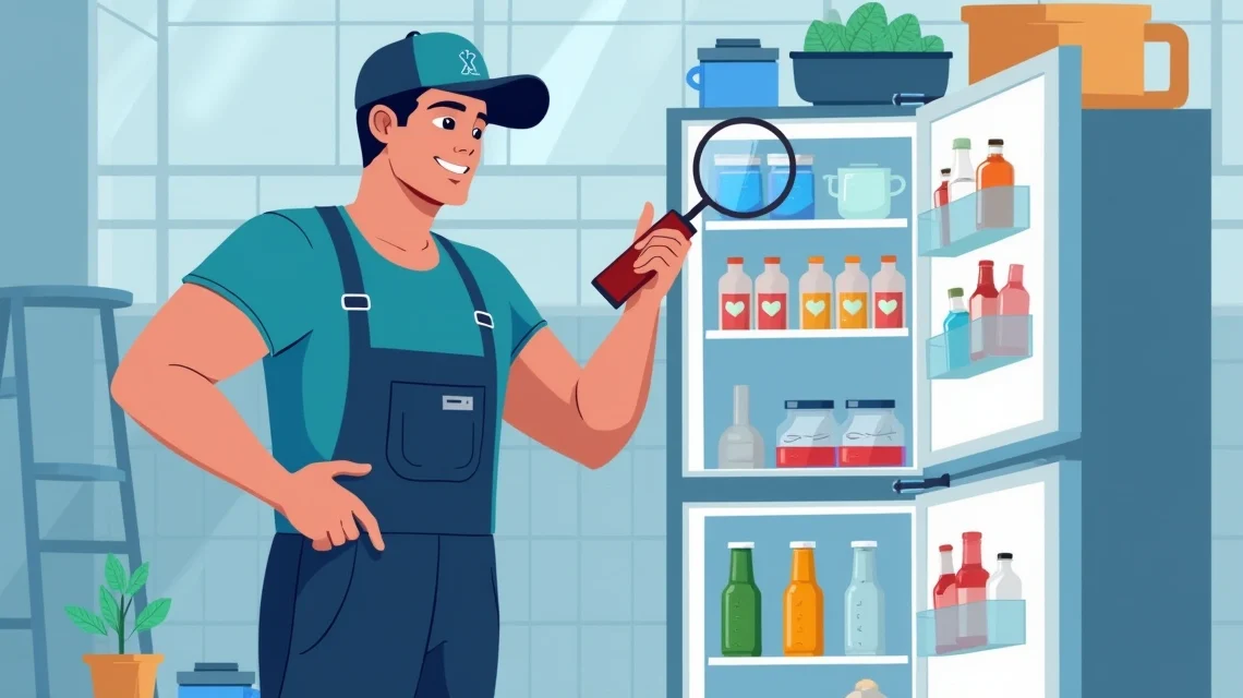 Técnico inspecionando vazamento de gás em refrigerador comercial aberto