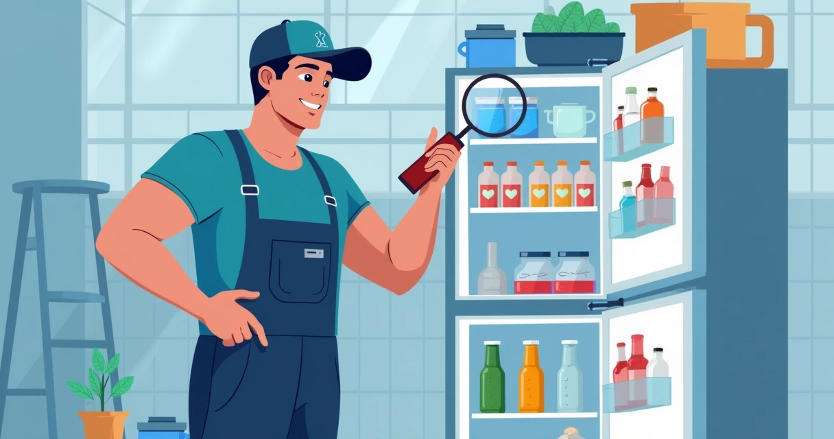 Técnico inspecionando vazamento de gás em refrigerador comercial aberto