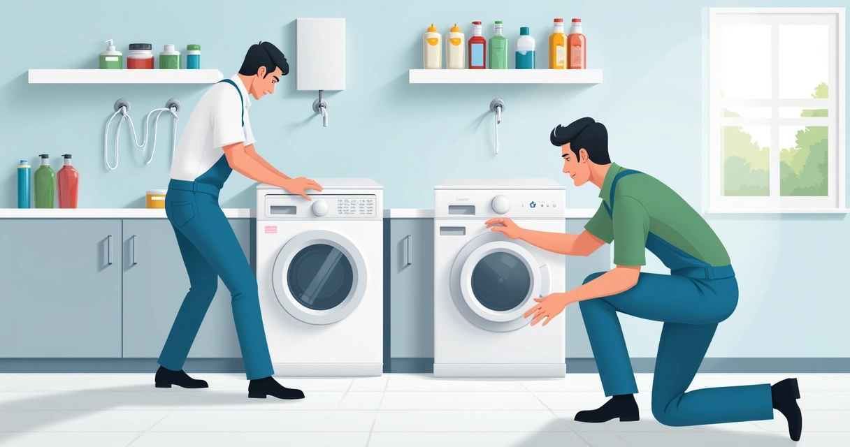 Técnico instalando uma lava e seca branca em uma lavanderia moderna com paredes claras