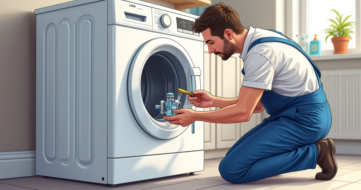 Técnico especializado instalando válvula de entrada de água em máquina de lavar