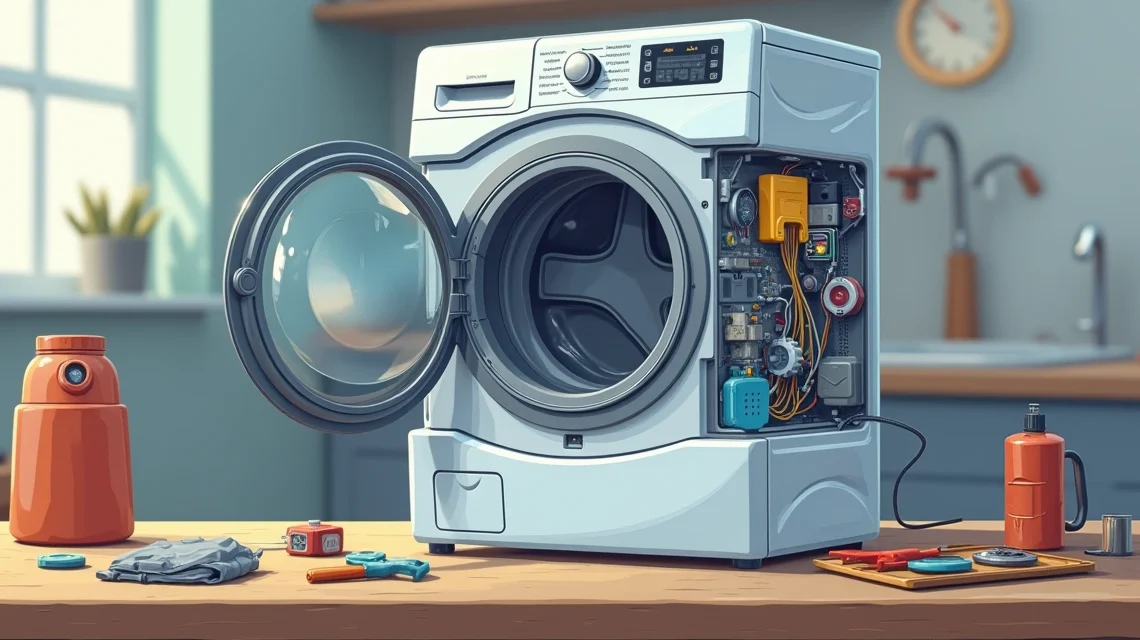 Timer de lavadora de roupas aberto, mostrando seus componentes eletrônicos e mecânicos, sobre uma bancada de trabalho clara com ferramentas ao redor