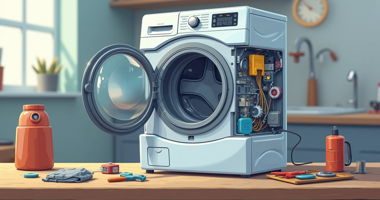 Timer de lavadora de roupas aberto, mostrando seus componentes eletrônicos e mecânicos, sobre uma bancada de trabalho clara com ferramentas ao redor