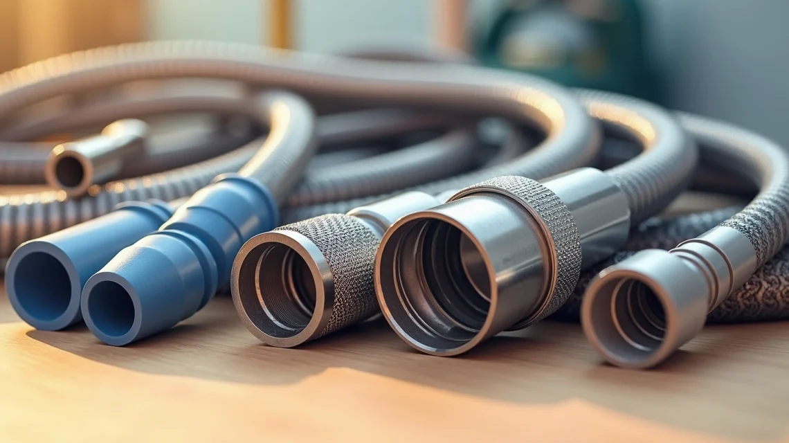 Diferentes tipos de mangueiras para máquina lava e seca organizadas sobre uma mesa clara