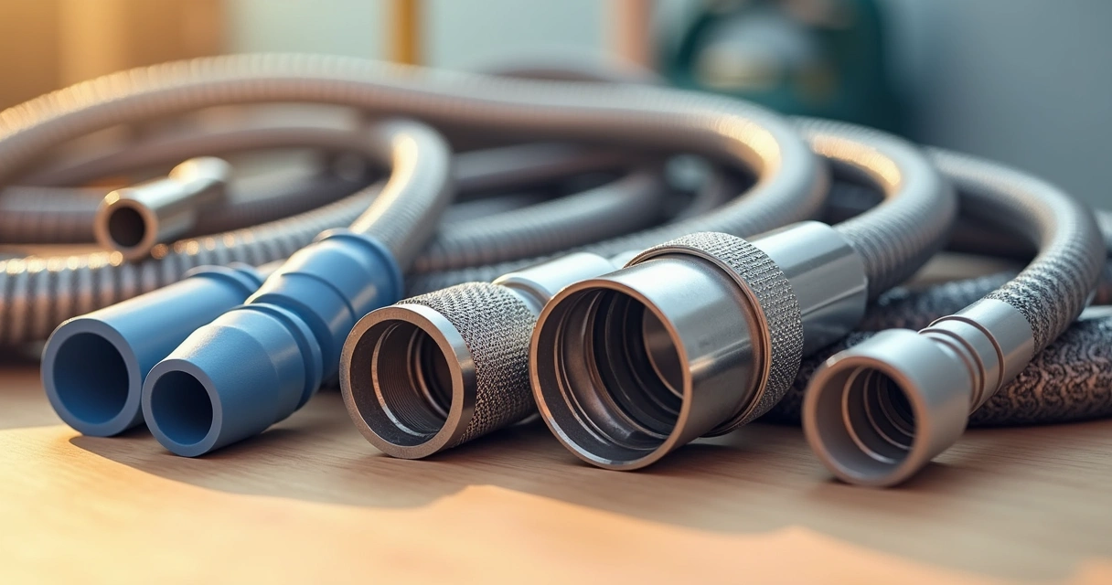 Diferentes tipos de mangueiras para máquina lava e seca organizadas sobre uma mesa clara