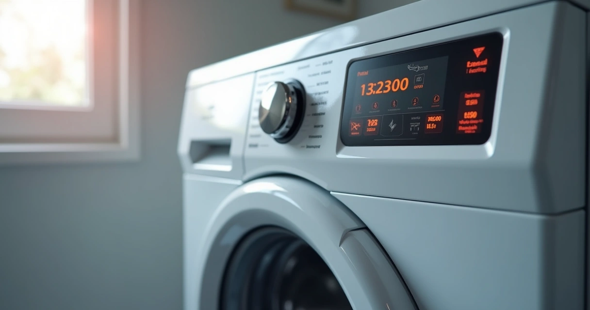 Painel digital de lava e seca com símbolos de alerta e sinais de falha