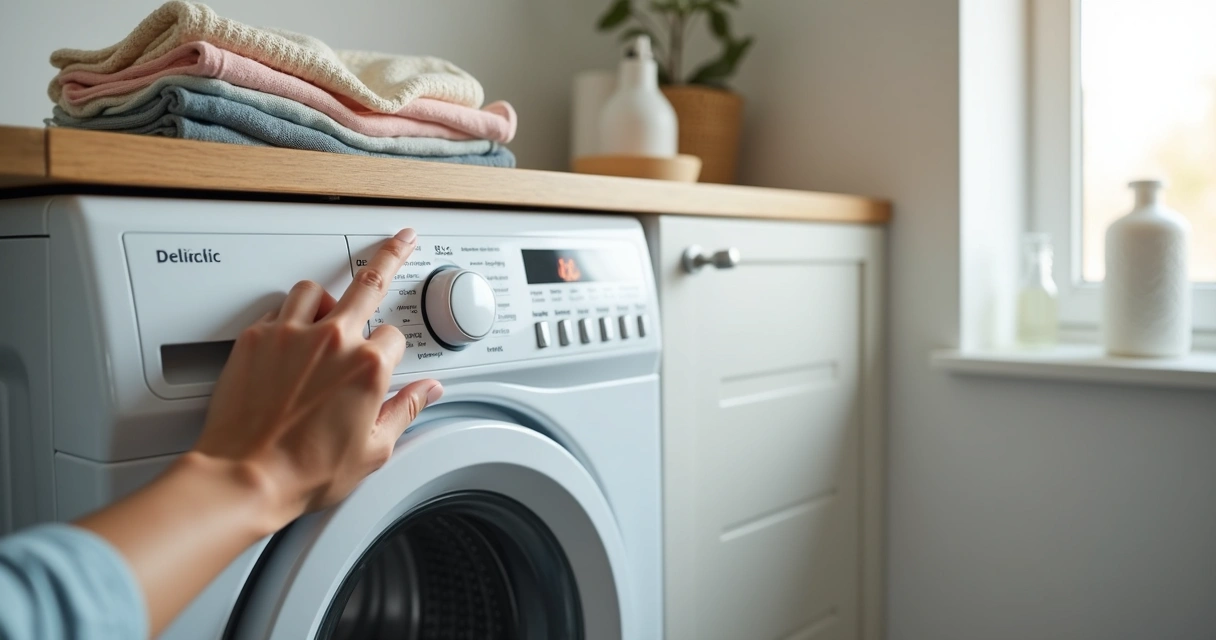 Pessoa selecionando ciclo de roupas delicadas em máquina de lavar moderna