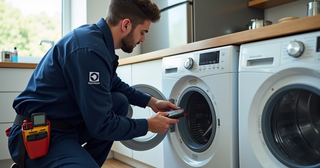 Técnico ajustando painel de lavadora Electrolux em cozinha moderna