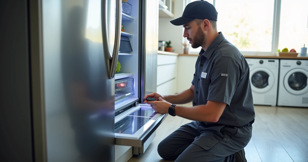 Técnico de assistência LG ajustando geladeira em cozinha residencial moderna