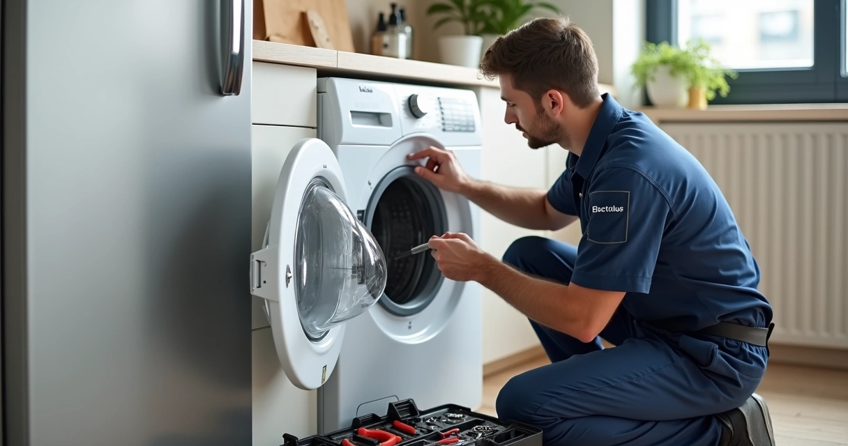 Técnico ajustando lavadora Electrolux em cozinha moderna com ferramentas ao lado