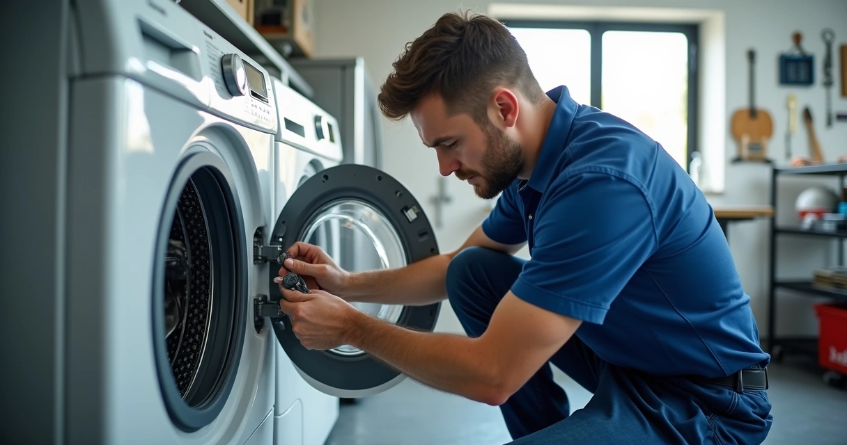 Técnico consertando máquina de lavar roupa em ambiente de oficina de assistência técnica, com equipamentos e ferramentas ao fundo