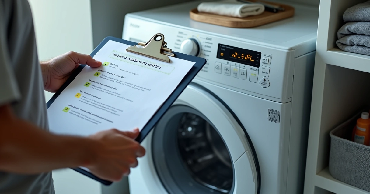 Pessoa conferindo painel eletrônico de lavadora com checklist ao lado