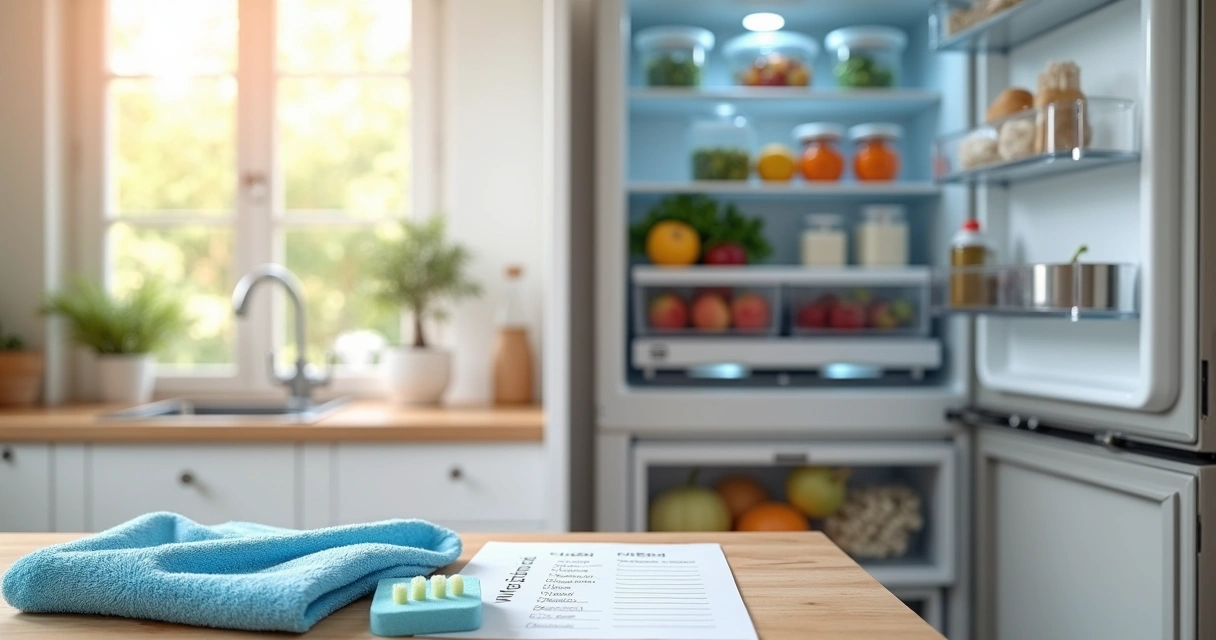 Checklist de limpeza apoiado em bancada em frente à geladeira aberta e organizada