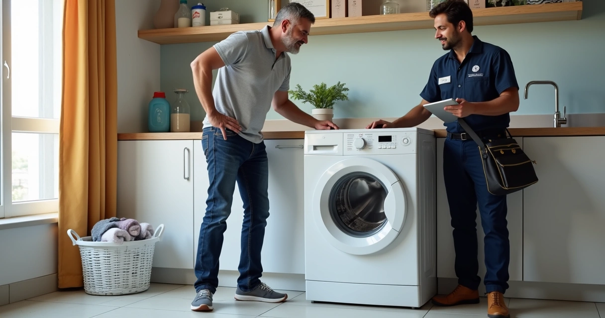 Cliente mostrando máquina de lavar com defeito para técnico e apontando problema